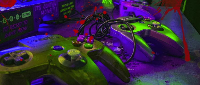 n64 controllers with blood splatter